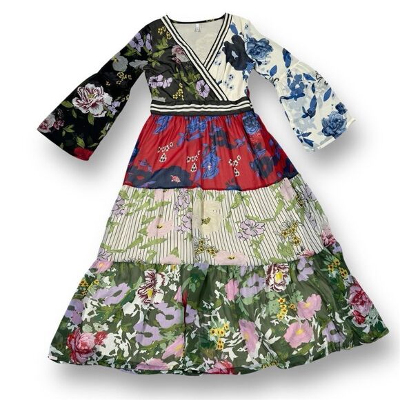 Kaktus Floral Patternblock Patchwork Tiered Maxi Dress Small Cottagecore Boho - Picture 14 of 14
